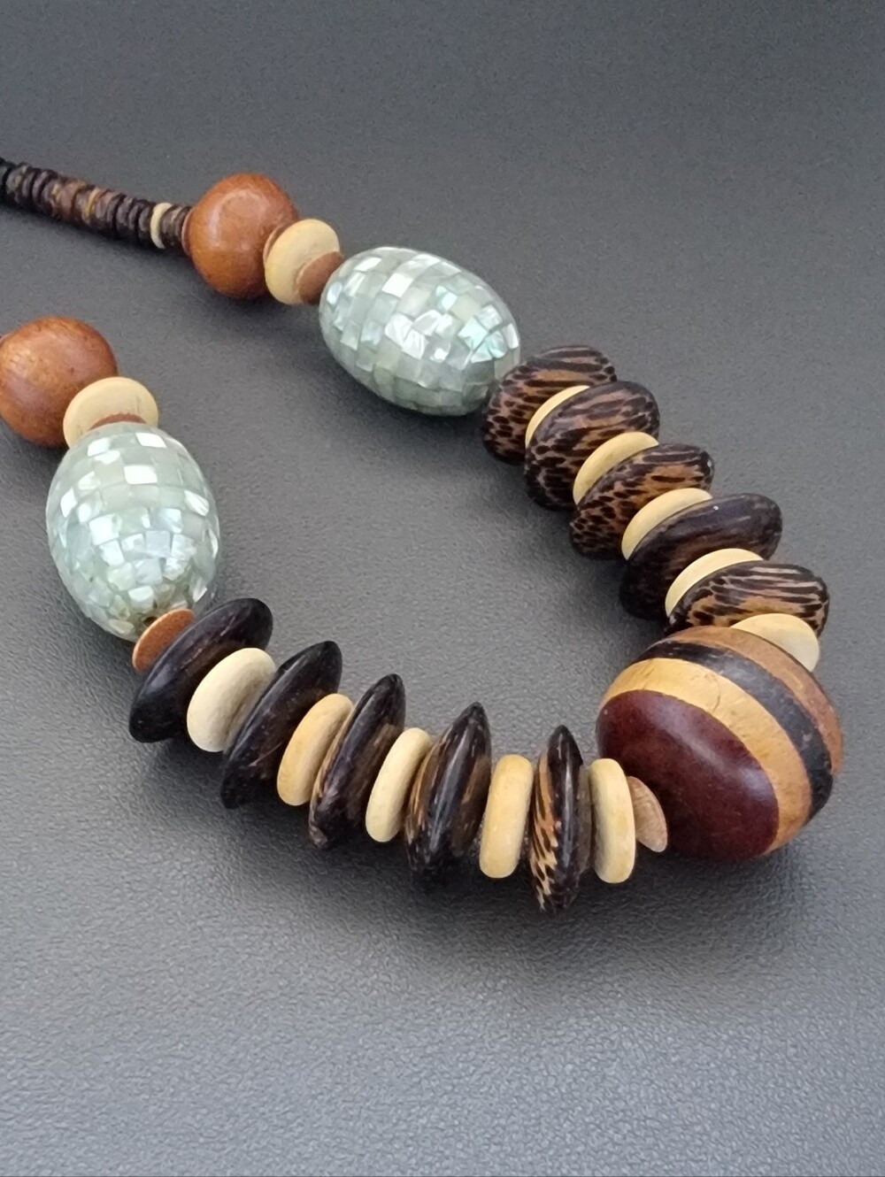 Boho Wood & Mosaic Mother of Pearl Shell Bead Statement Necklace | Tropical Art